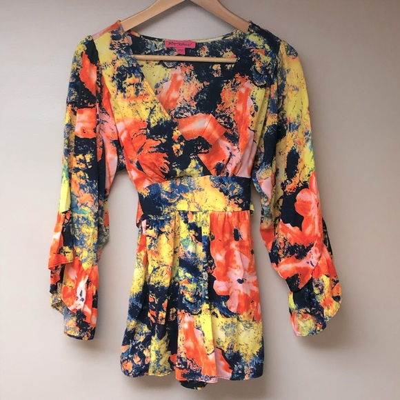 Betsey Johnson Tops - Betsey Johnson flowy bright neon shirt floral design Sz S tie back waist